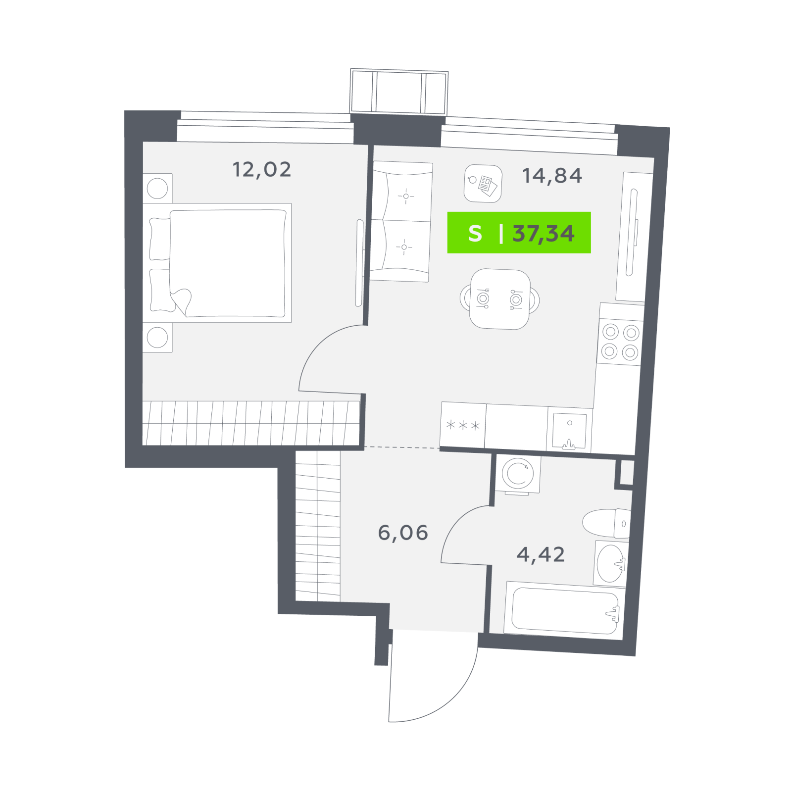 Планировка: 2-комнатная квартира, 37,3 м²