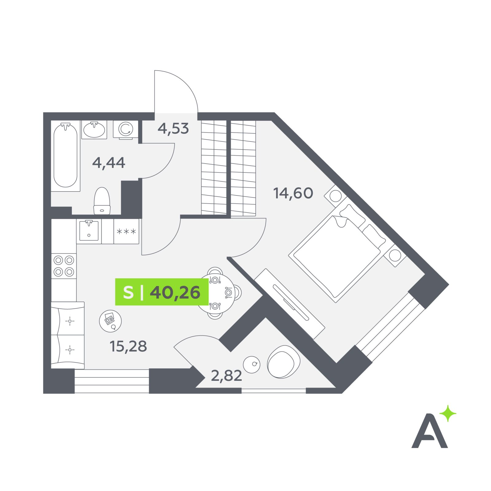 Планировка: 2-комнатная квартира, 40,3 м²