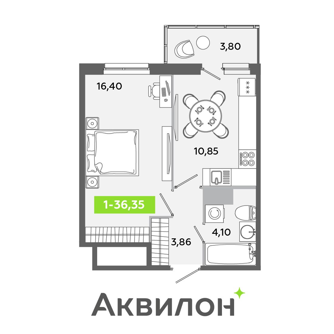 Планировка: 1-комнатная квартира, 36,4 м²