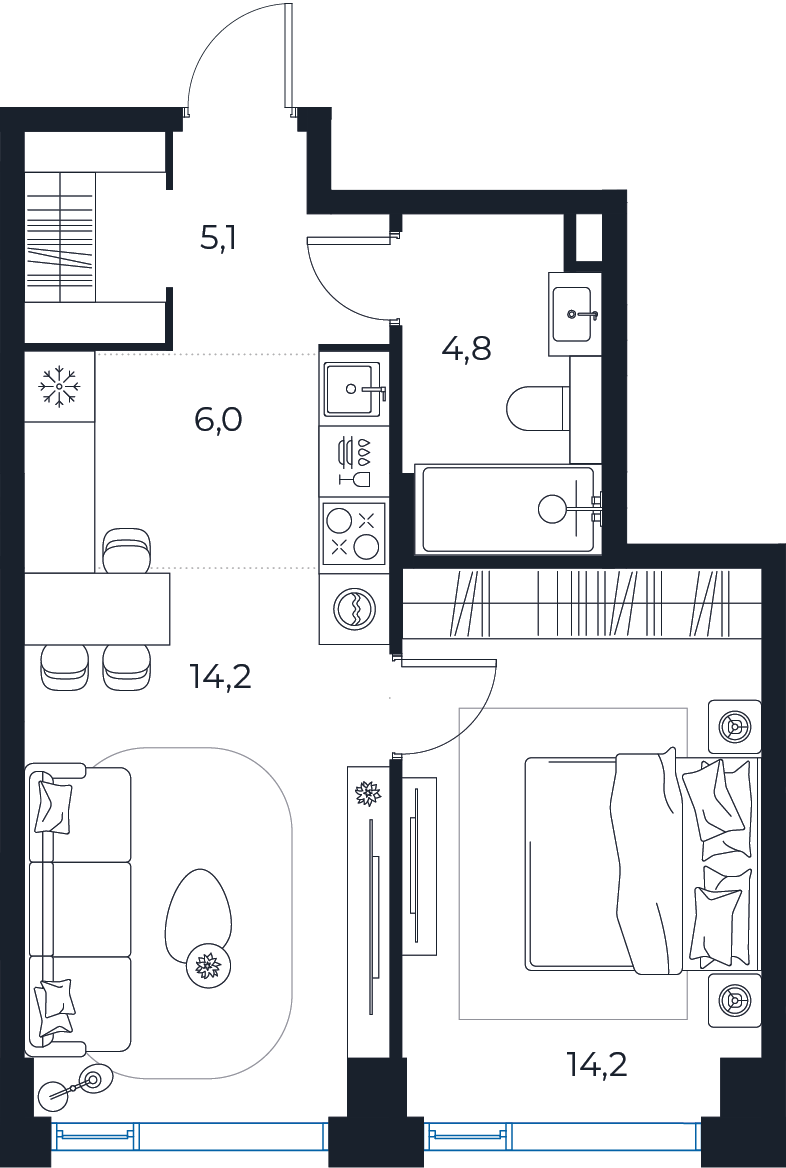 Планировка: 1-комнатная квартира, 44,3 м²