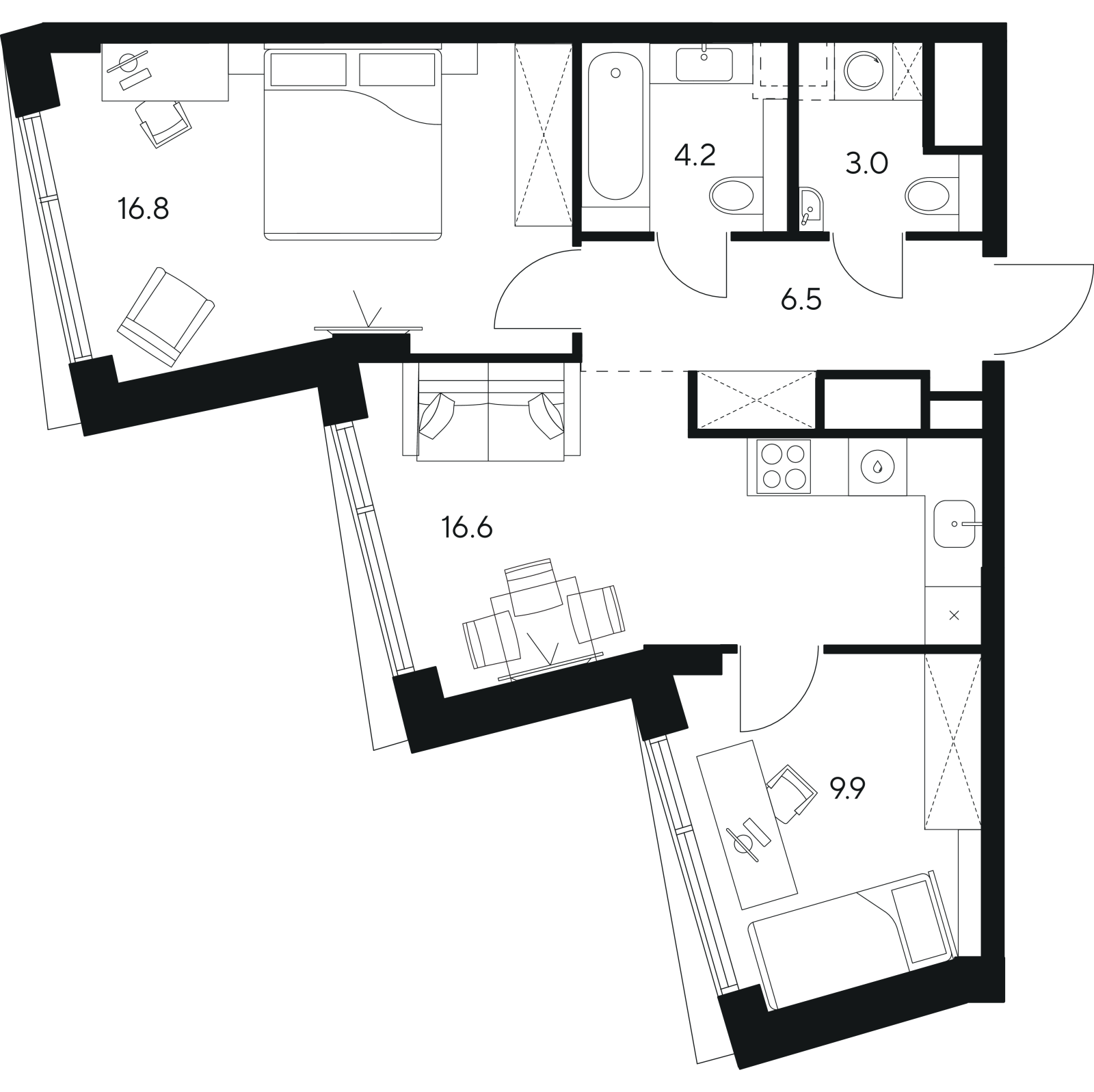 Планировка: 3-комнатная квартира, 57,0 м²
