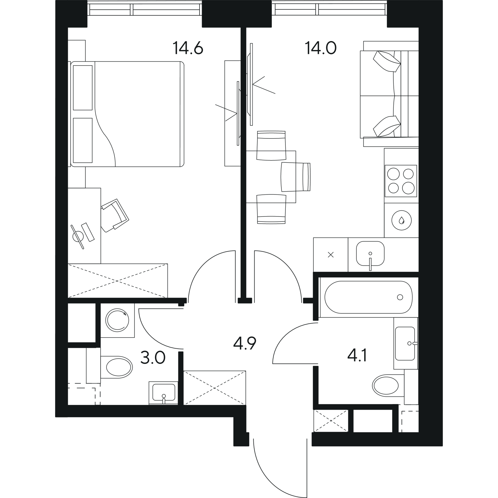 Планировка: 1-комнатная квартира, 40,6 м²
