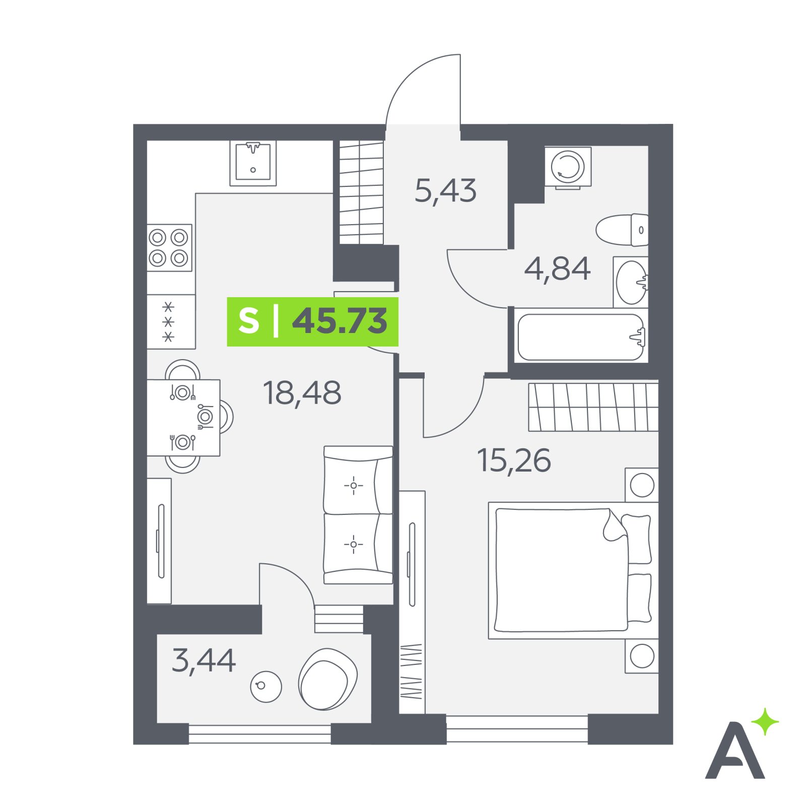Планировка: 2-комнатная квартира, 45,7 м²