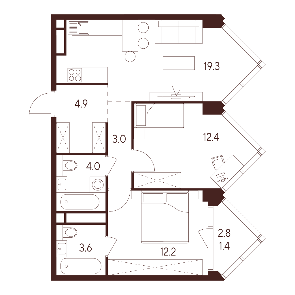 Планировка: 3-комнатная квартира, 60,8 м²