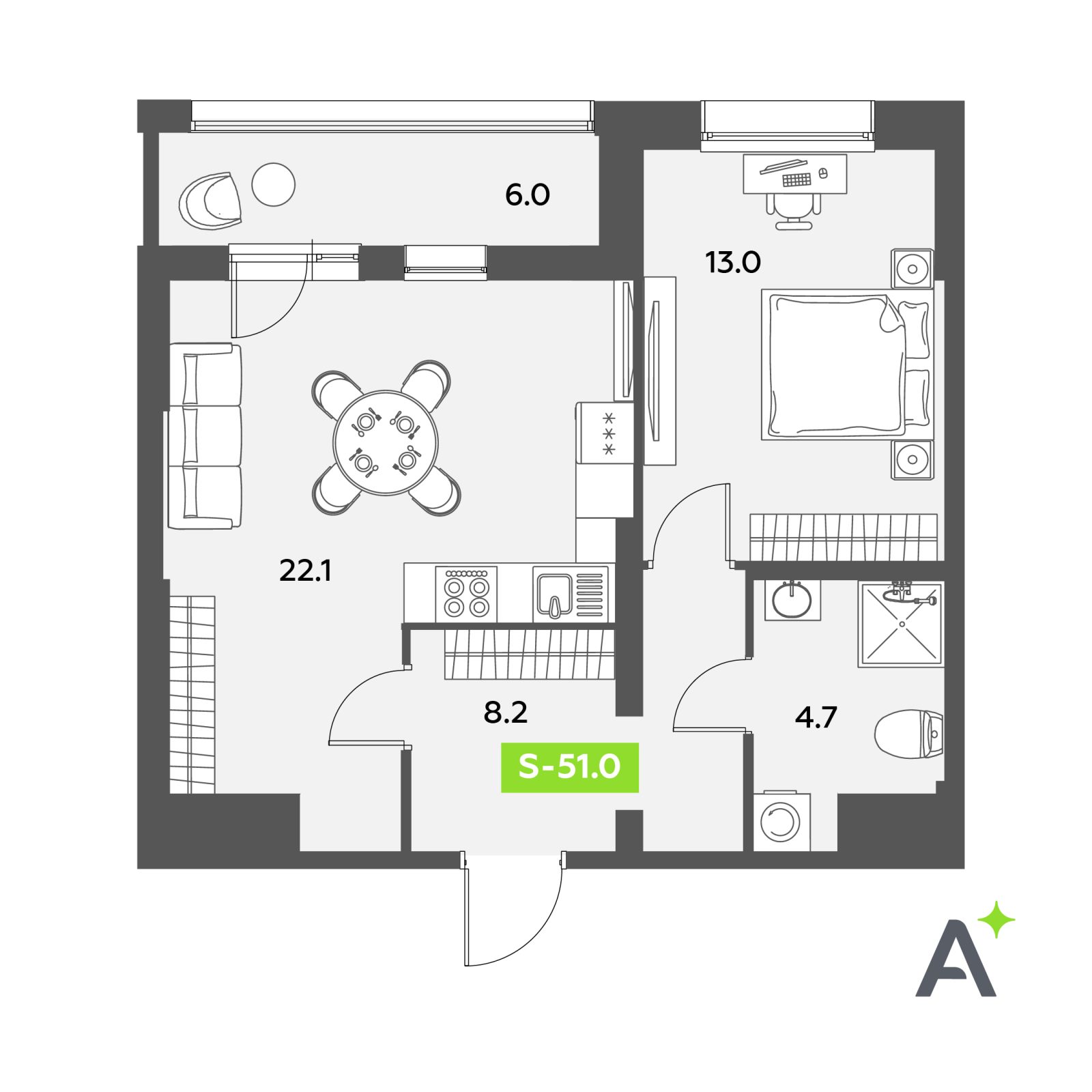 Планировка: 2-комнатная квартира, 51,0 м²