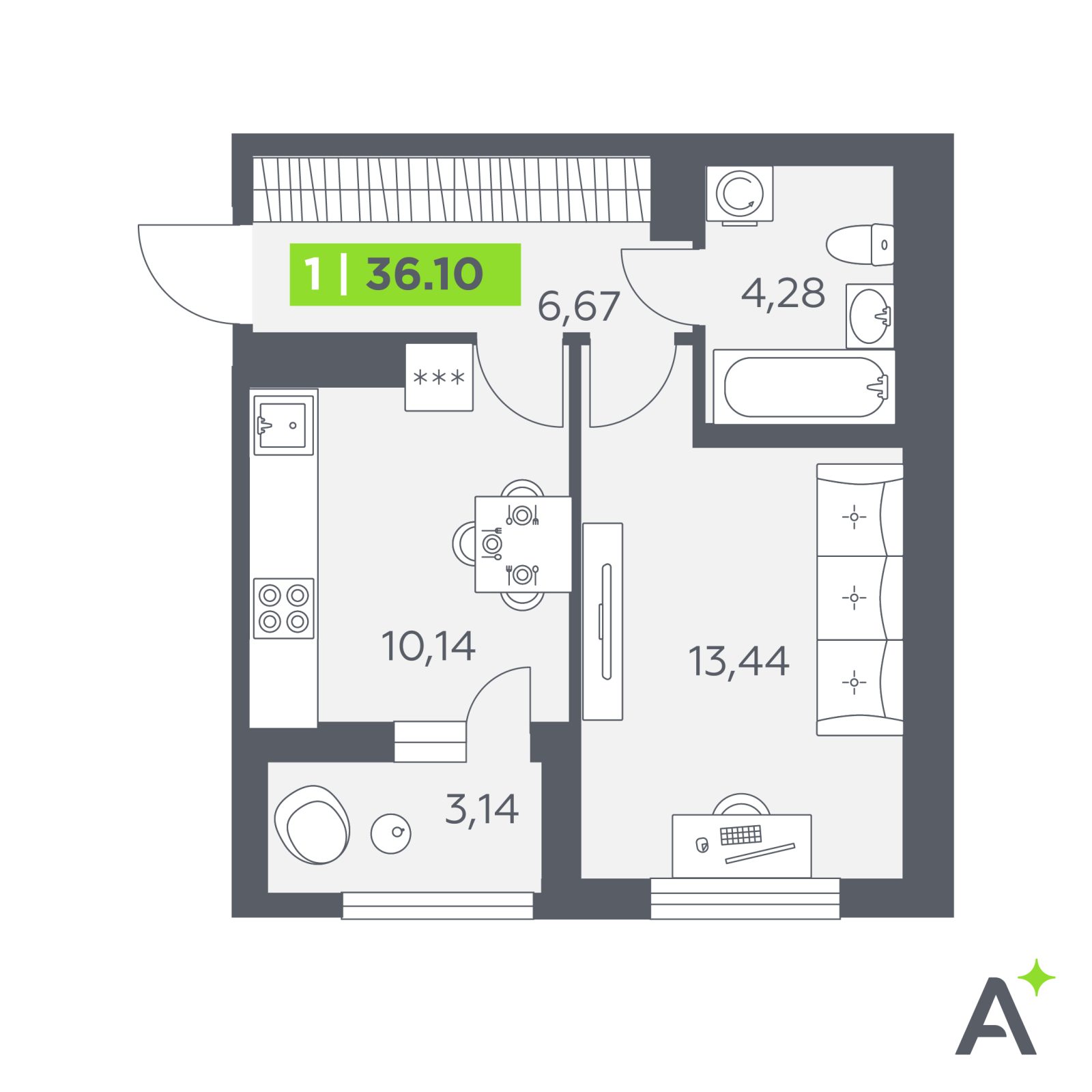 Планировка: 1-комнатная квартира, 36,1 м²