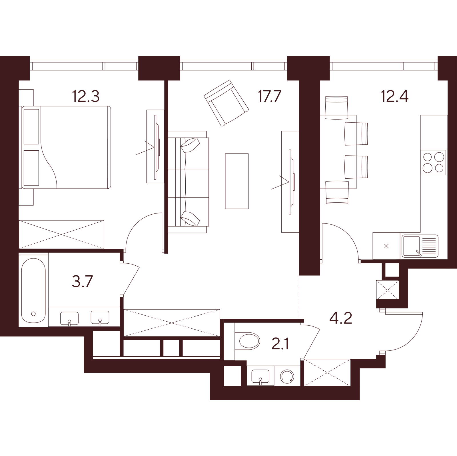 Планировка: 2-комнатная квартира, 52,4 м²