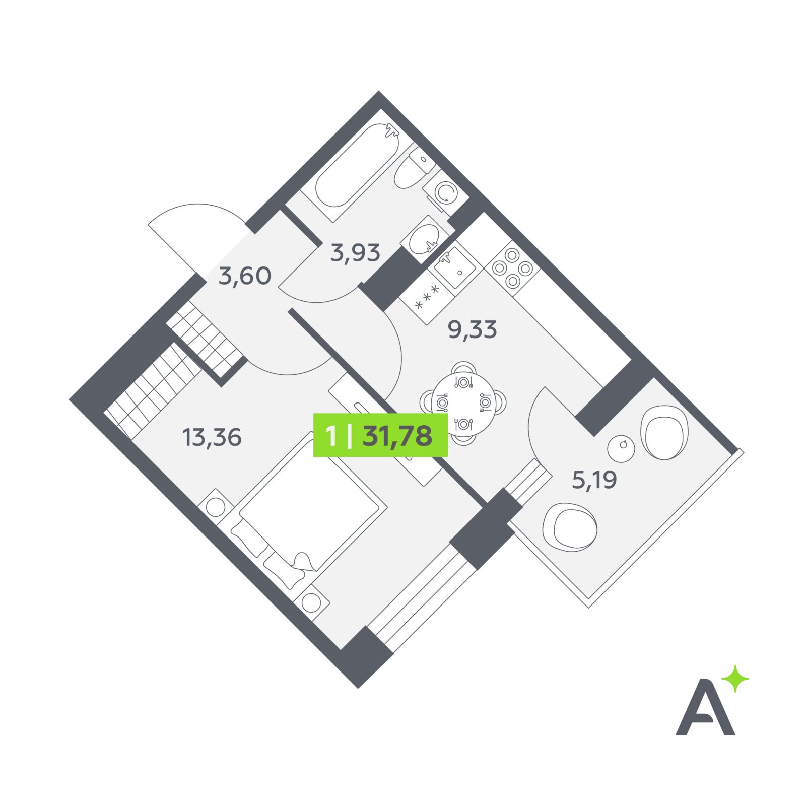 Планировка: 1-комнатная квартира, 31,8 м²