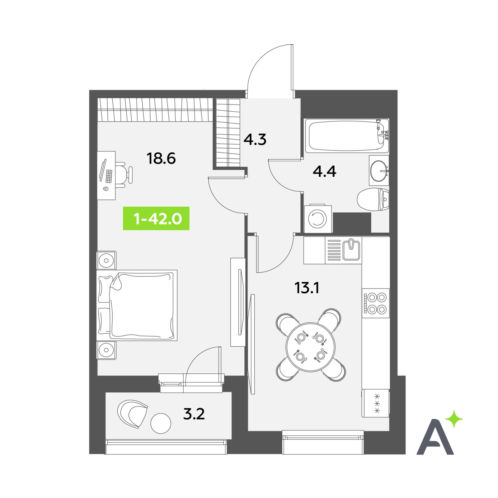 Планировка: 1-комнатная квартира, 42,0 м²