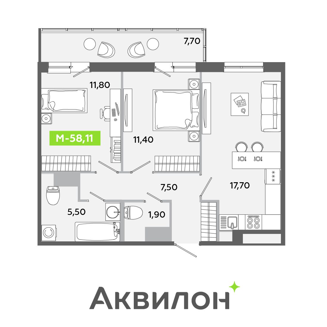 Планировка: 3-комнатная квартира, 58,1 м²