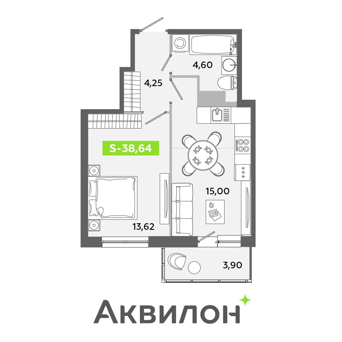 Планировка: 2-комнатная квартира, 38,6 м²