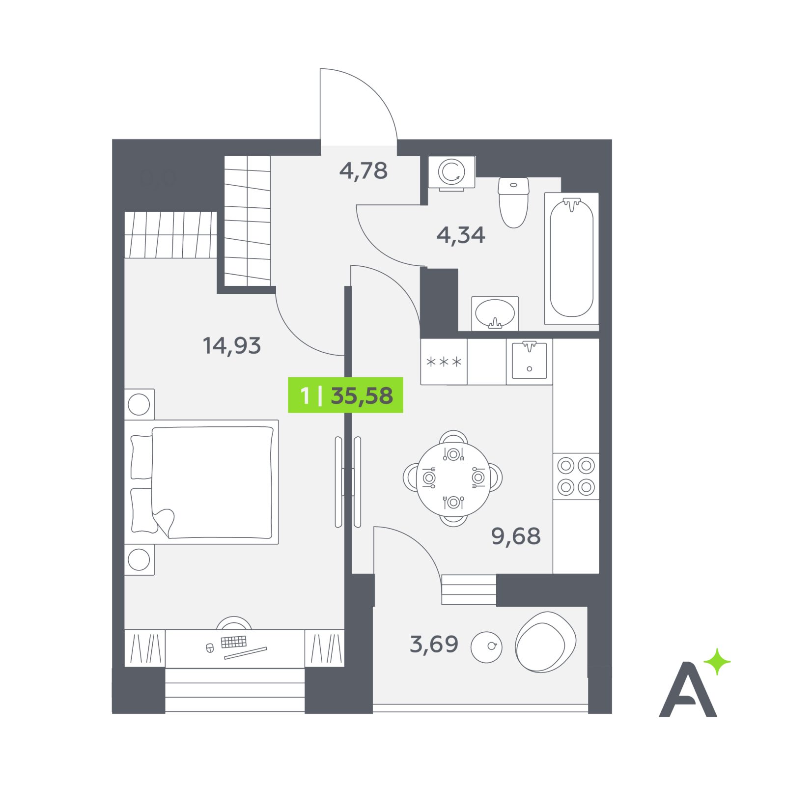 Планировка: 1-комнатная квартира, 35,6 м²