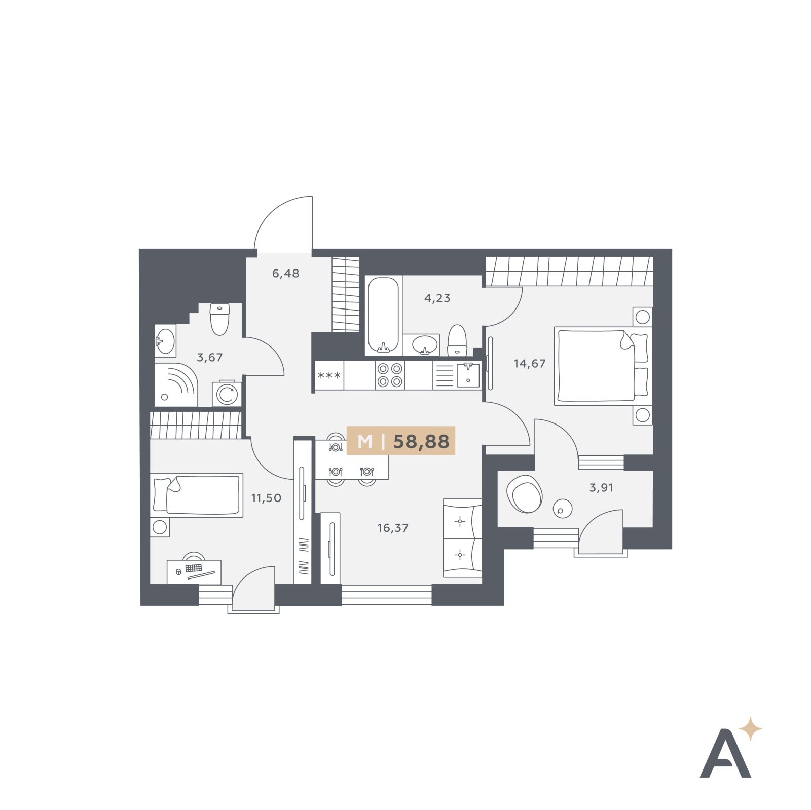 Планировка: 3-комнатная квартира, 58,9 м²