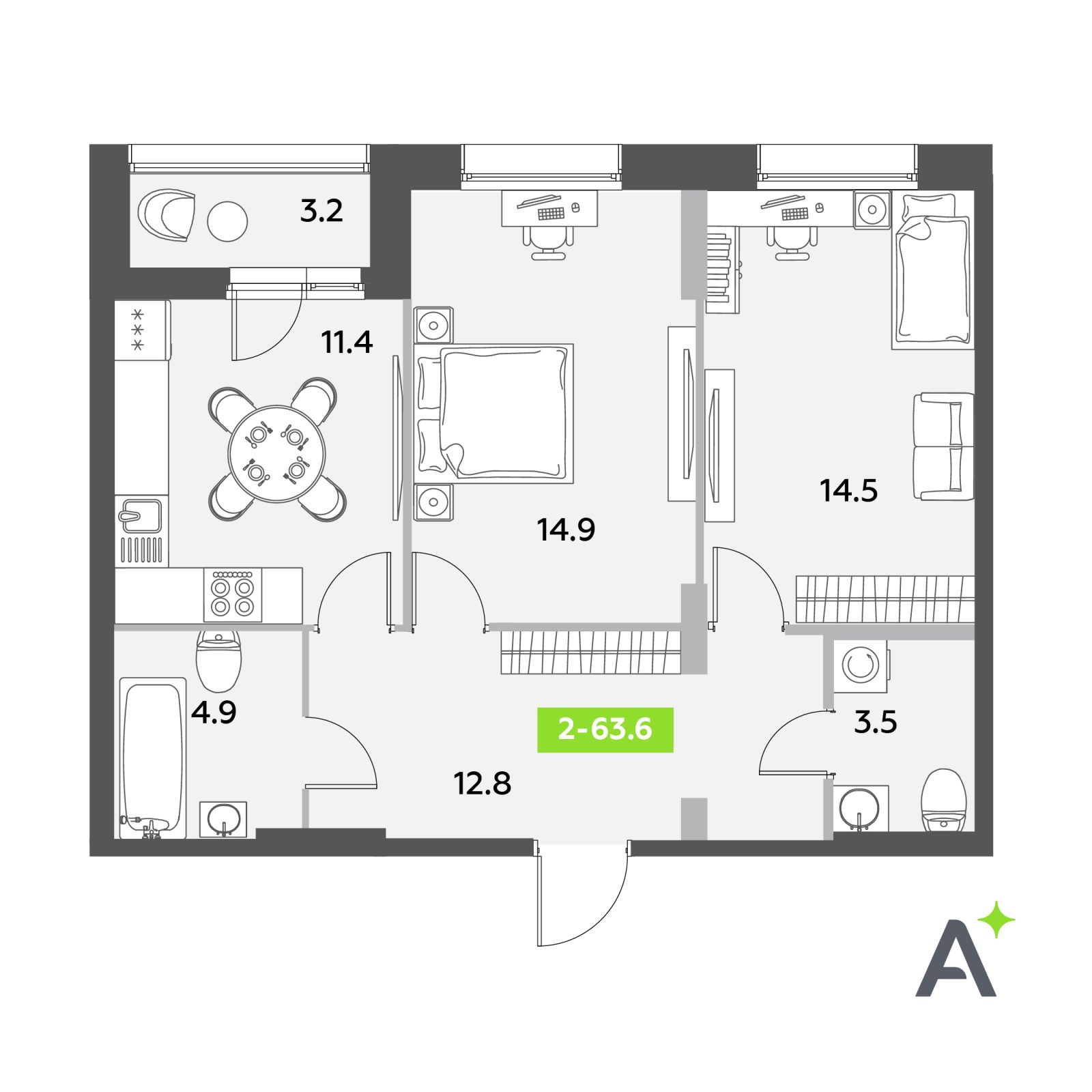 Планировка: 2-комнатная квартира, 63,6 м²
