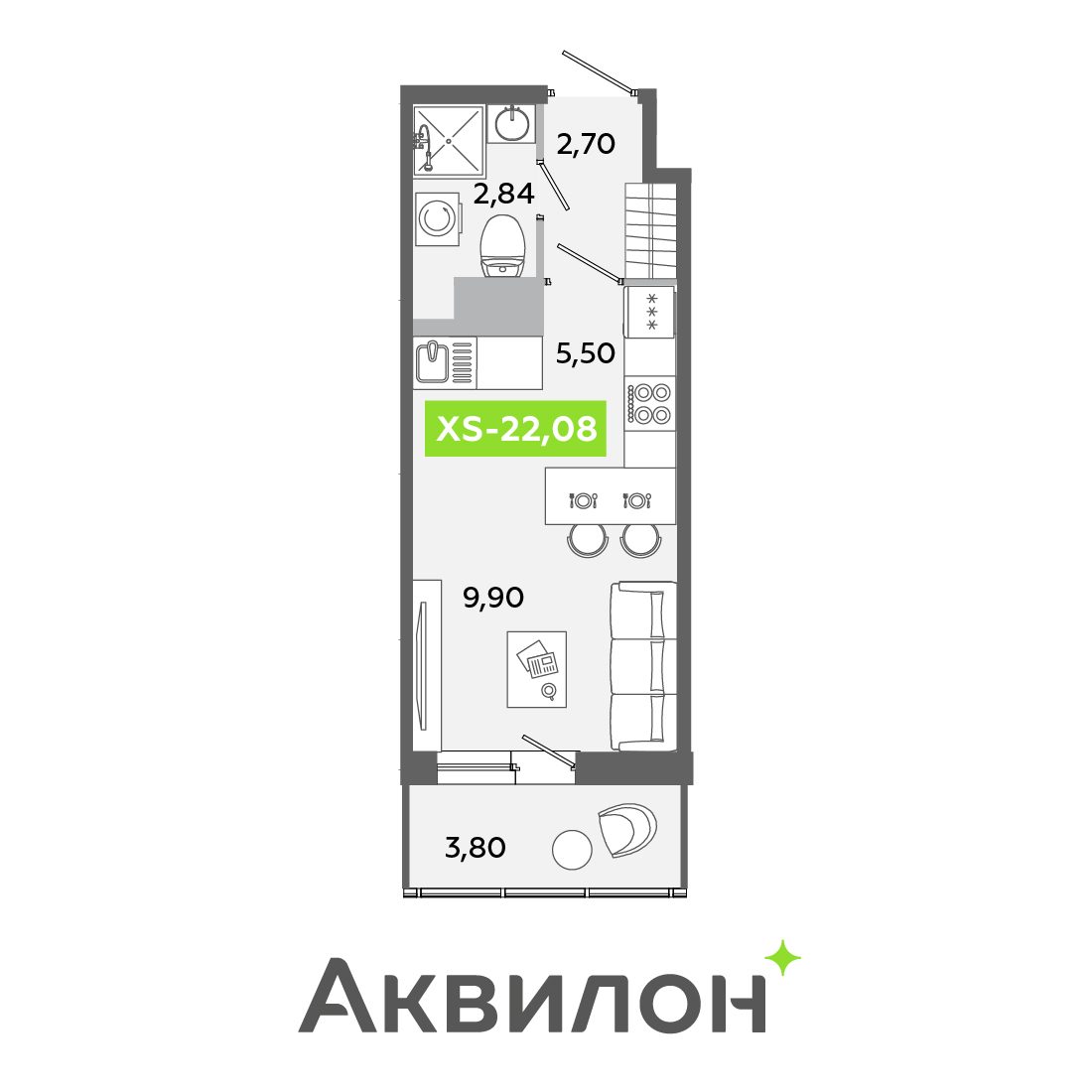 Планировка: студия, 22,1 м²