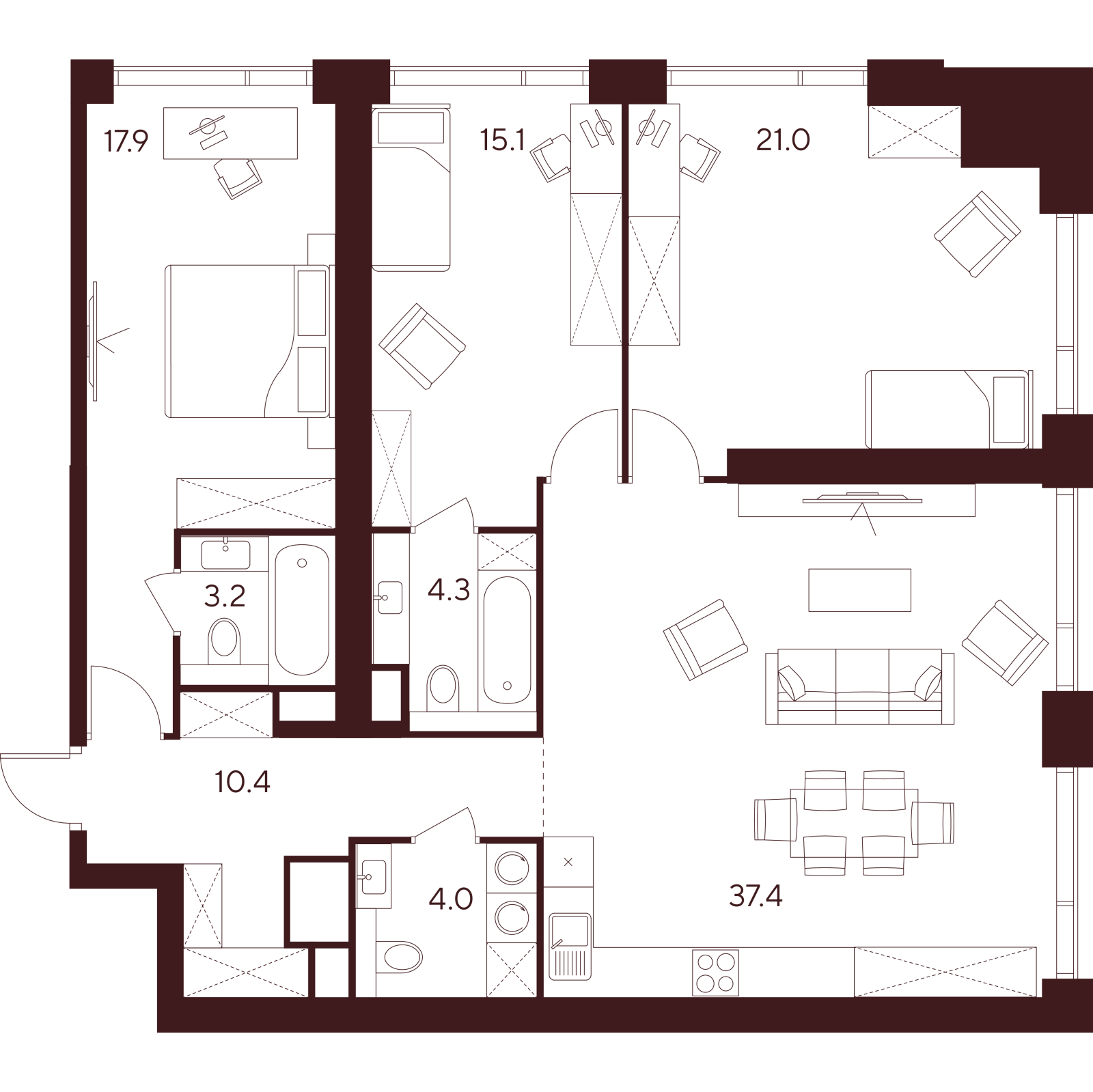 Планировка: 4-комнатная квартира, 113,3 м²