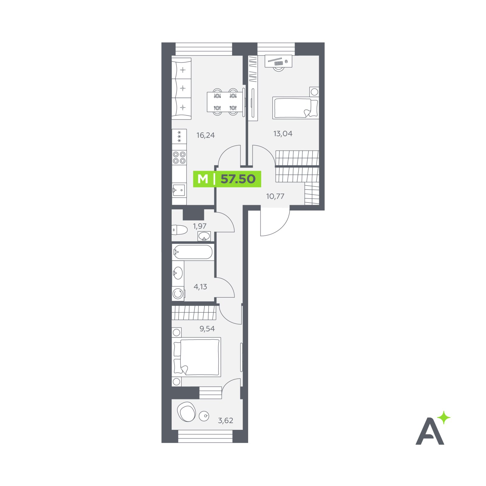 Планировка: 3-комнатная квартира, 57,5 м²