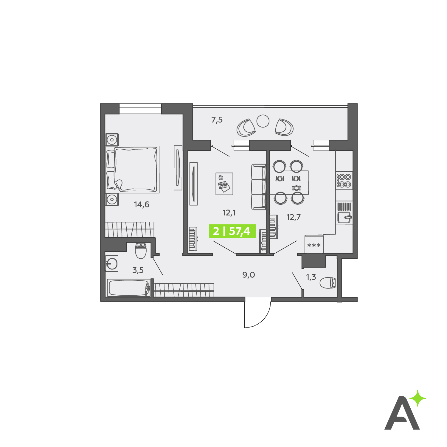 Планировка: 3-комнатная квартира, 57,4 м²