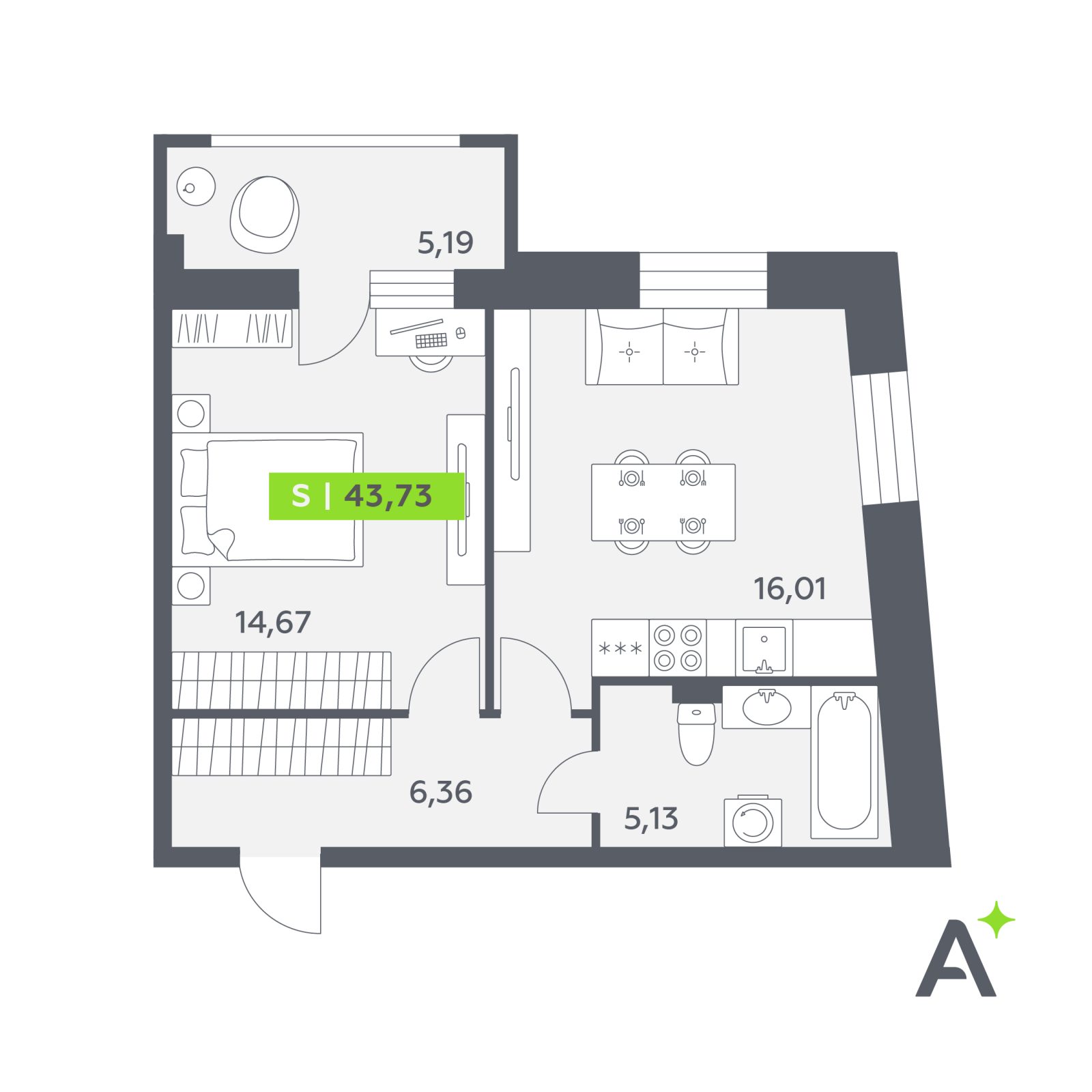 Планировка: 2-комнатная квартира, 43,7 м²