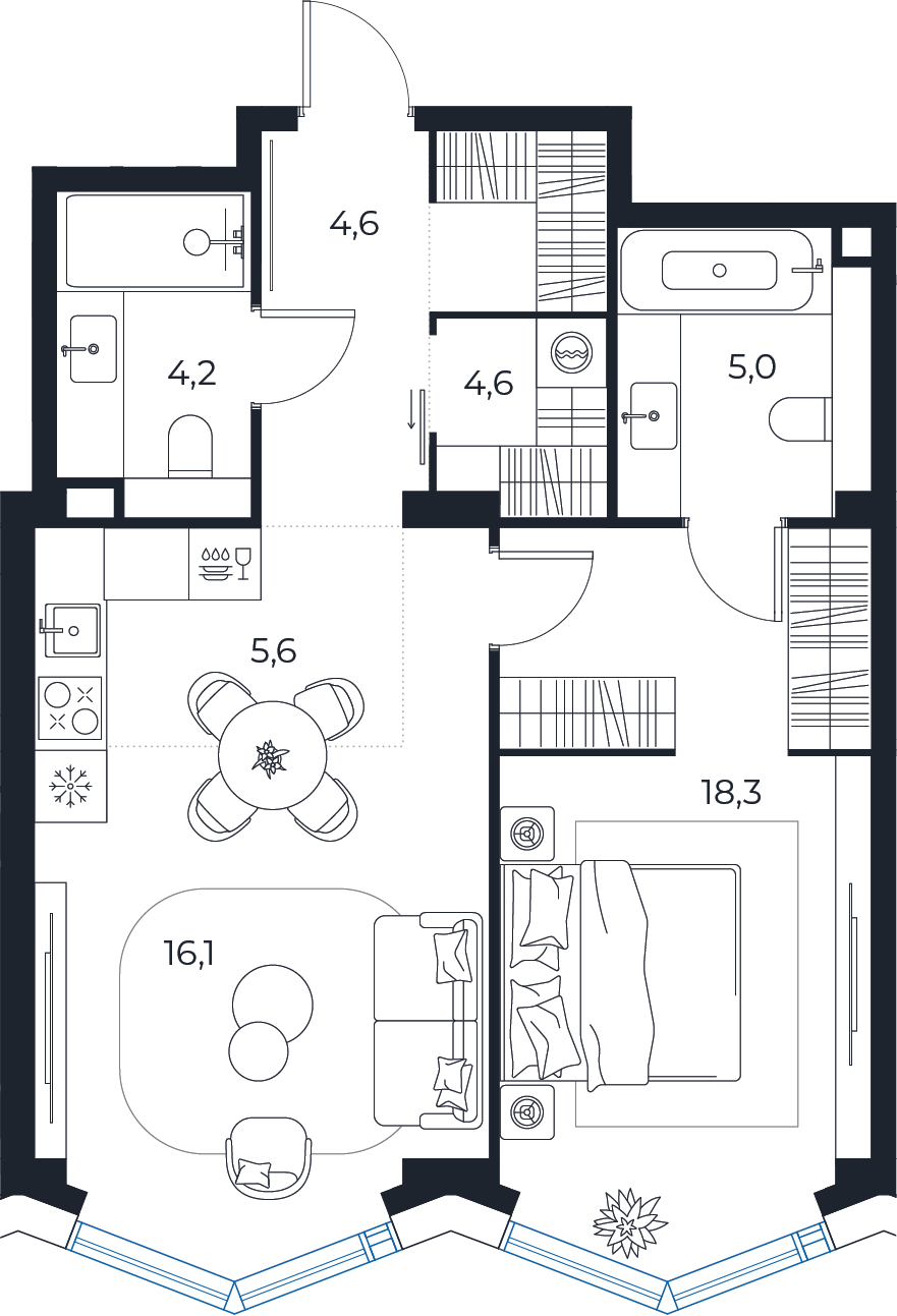Планировка: 1-комнатная квартира, 58,4 м²