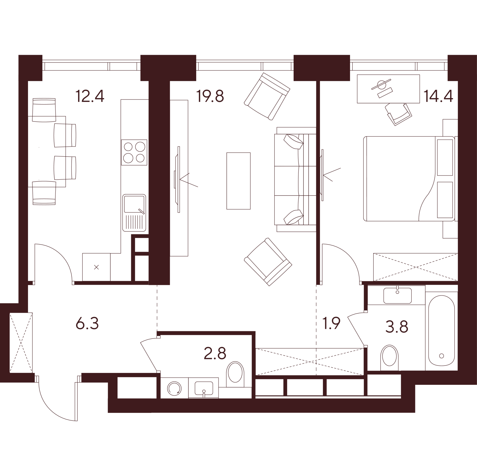 Планировка: 2-комнатная квартира, 61,4 м²