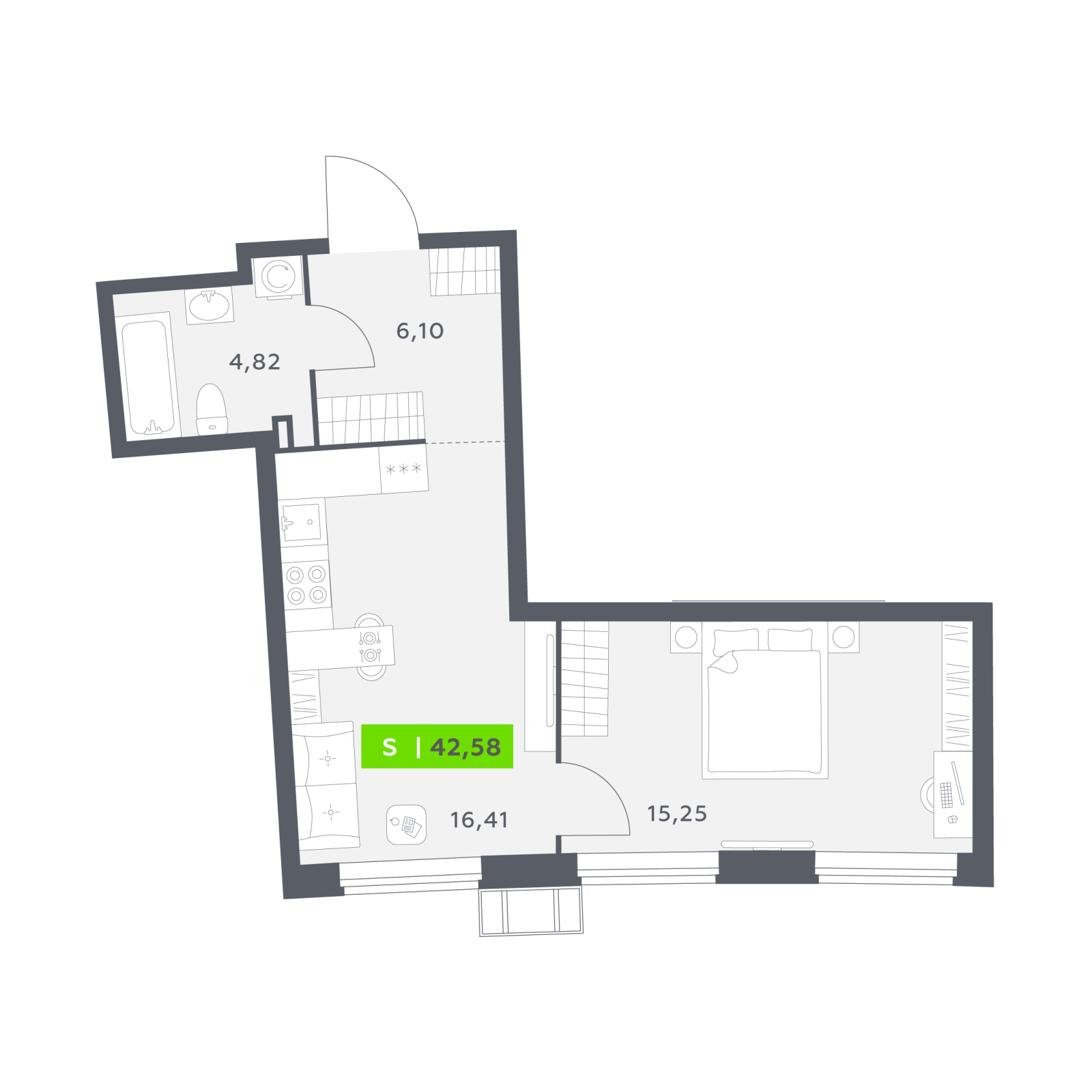 Планировка: 2-комнатная квартира, 42,6 м²