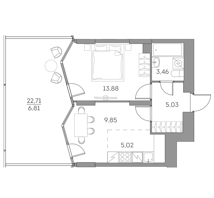 Планировка: 2-комнатная квартира, 44,1 м²