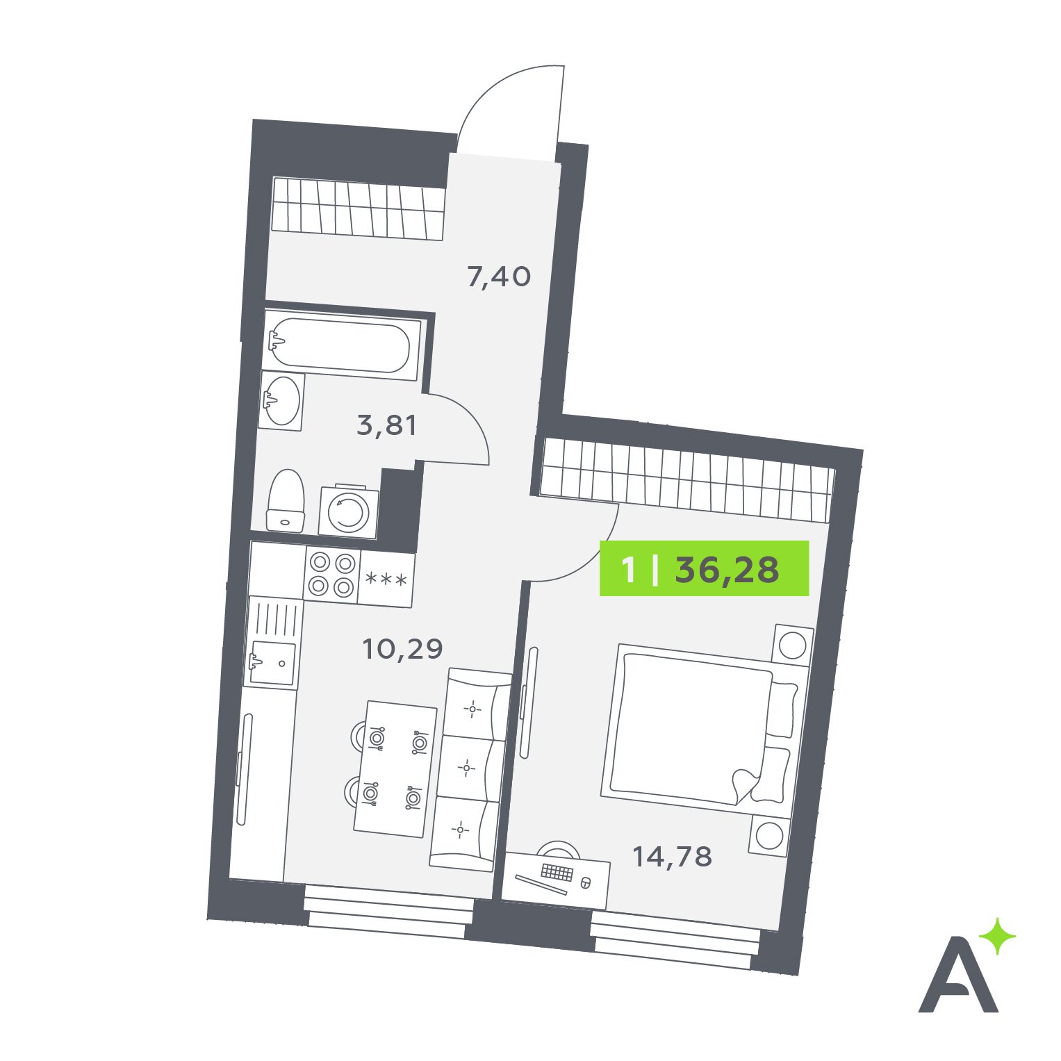 Планировка: 1-комнатная квартира, 36,3 м²