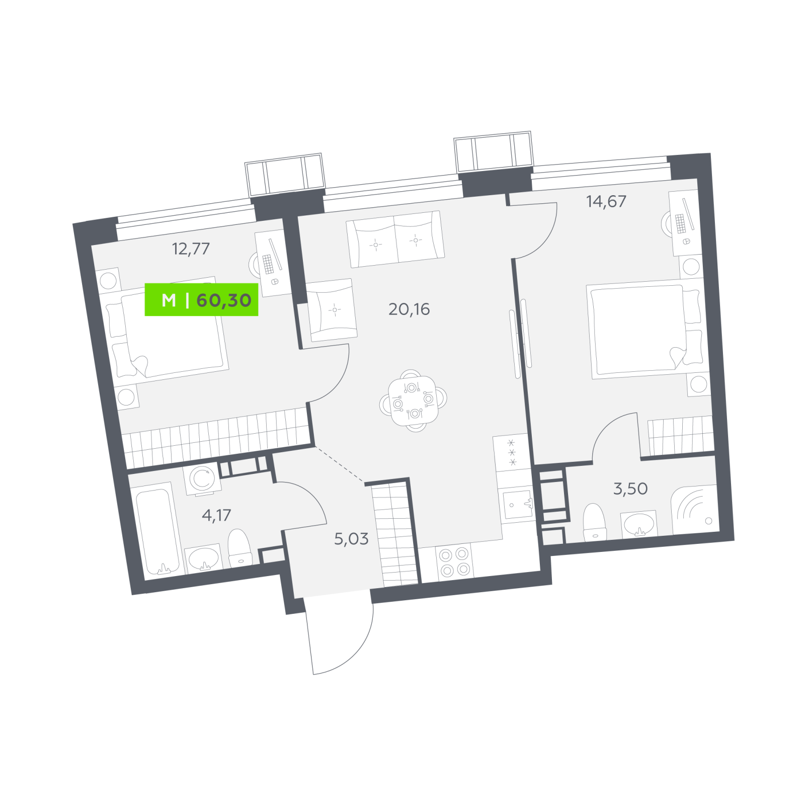 Планировка: 3-комнатная квартира, 60,3 м²