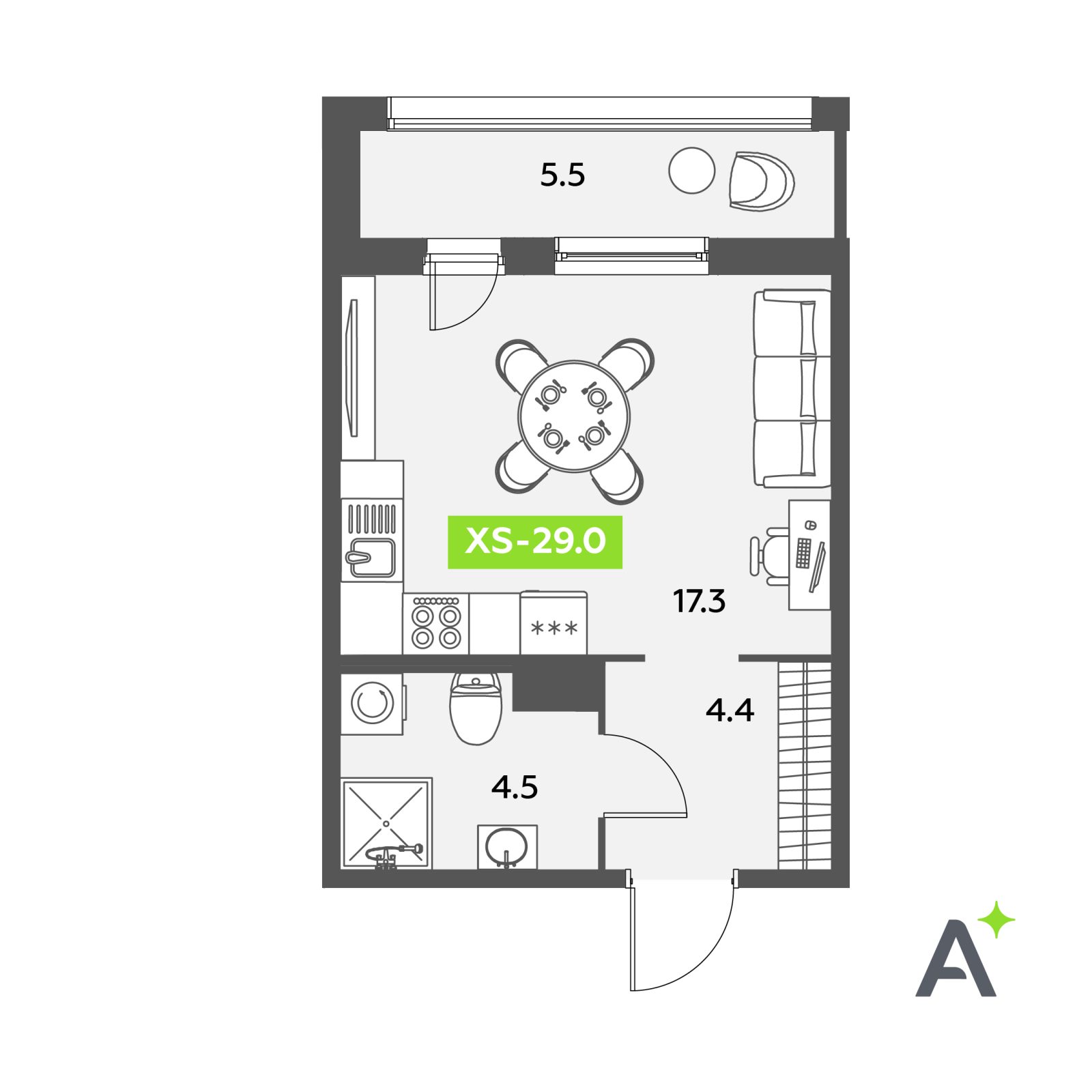Планировка: студия, 29,0 м²