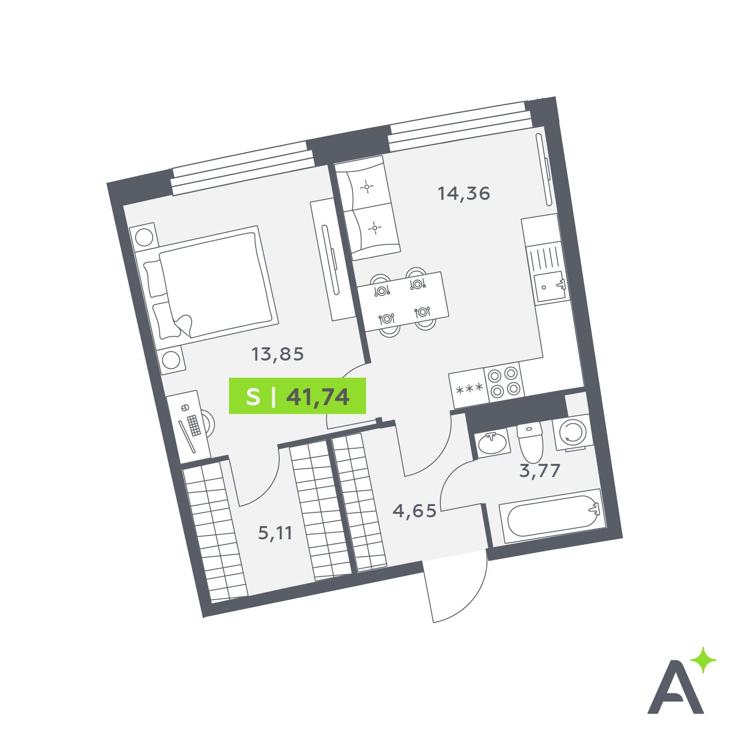 Планировка: 2-комнатная квартира, 41,7 м²