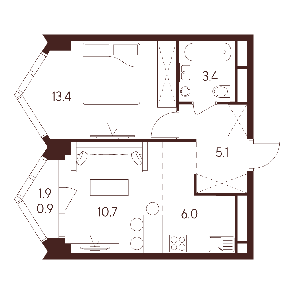 Планировка: 2-комнатная квартира, 39,5 м²