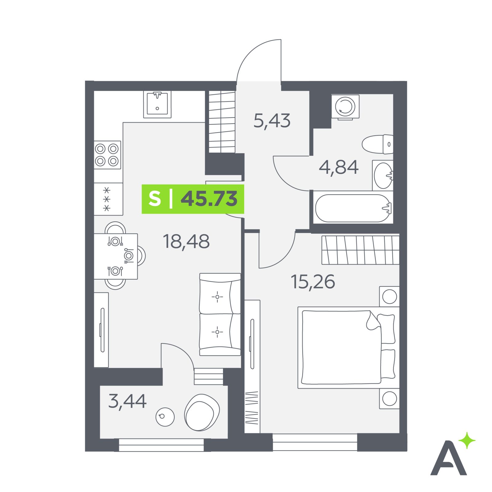 Планировка: 2-комнатная квартира, 45,7 м²