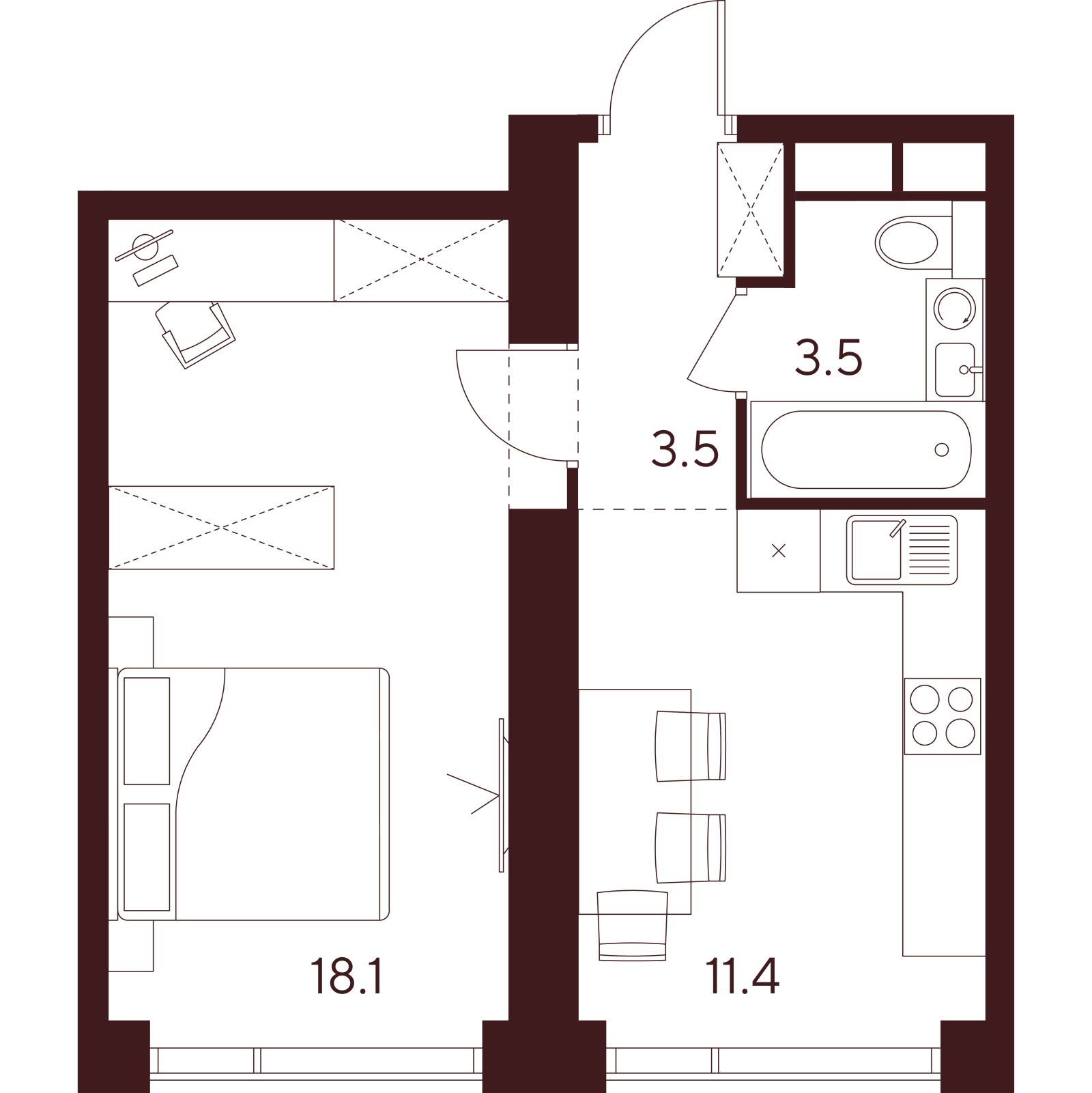 Планировка: 1-комнатная квартира, 36,5 м²