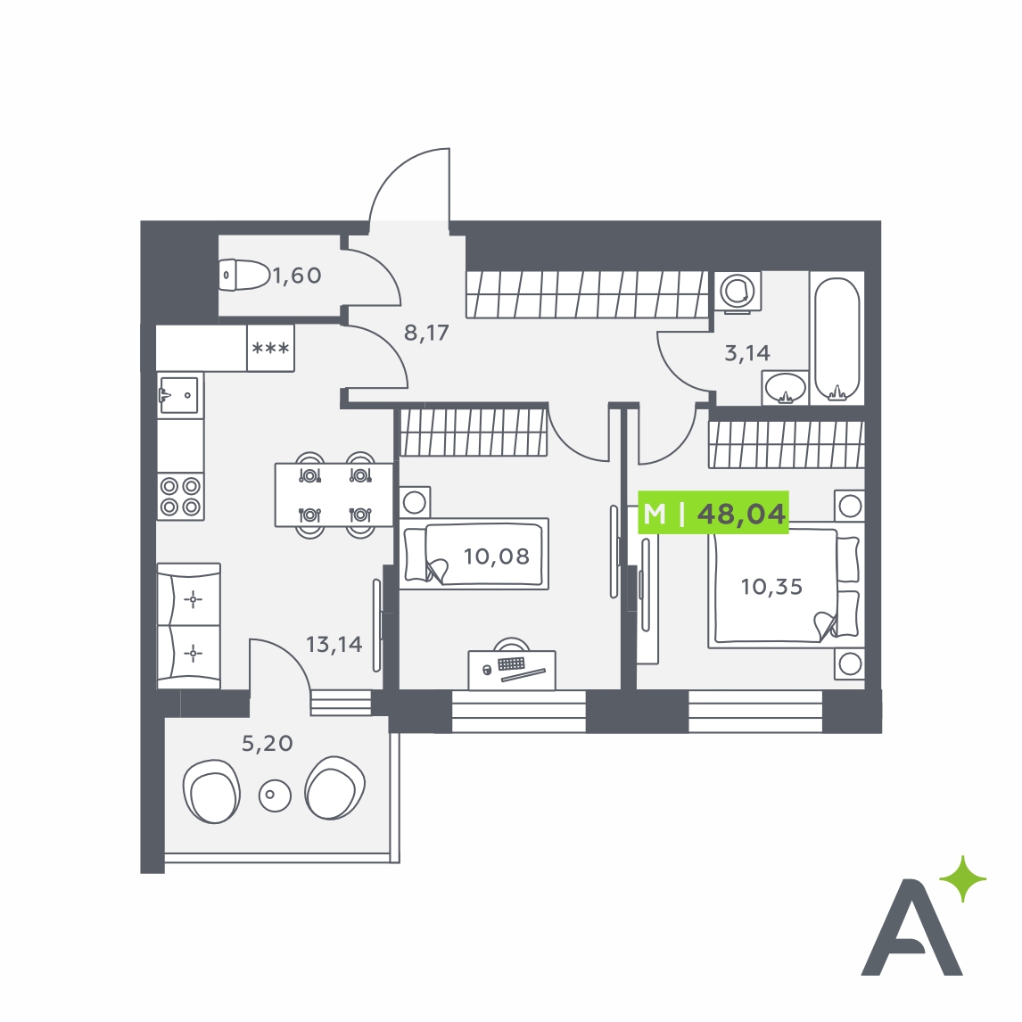 Планировка: 3-комнатная квартира, 48,0 м²
