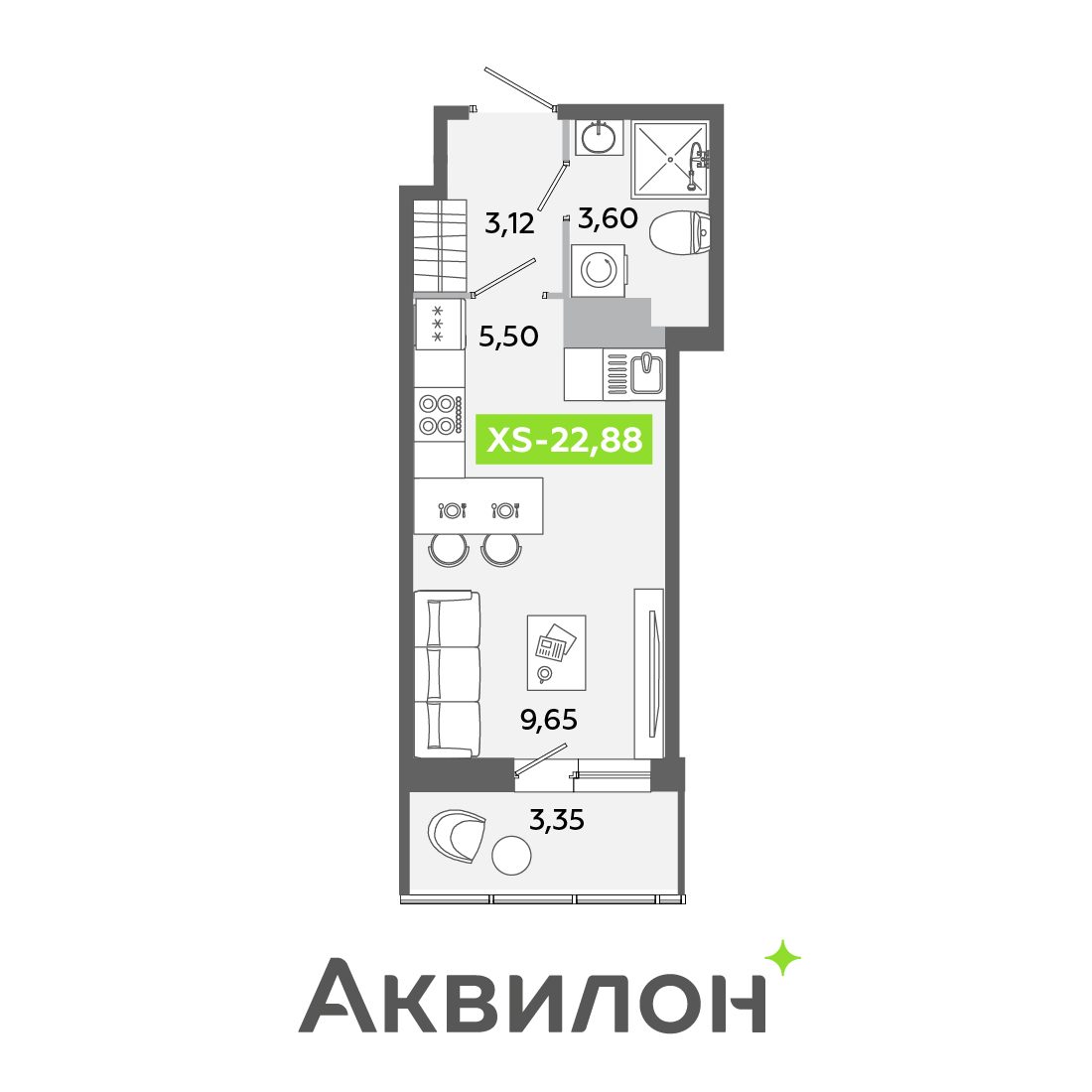 Планировка: студия, 22,9 м²