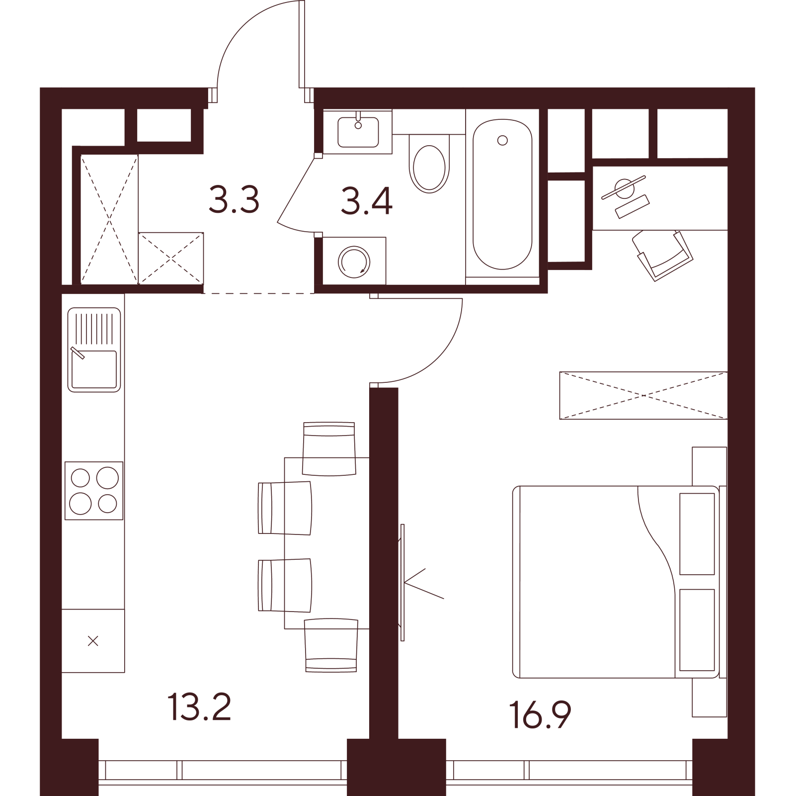 Планировка: 1-комнатная квартира, 36,8 м²