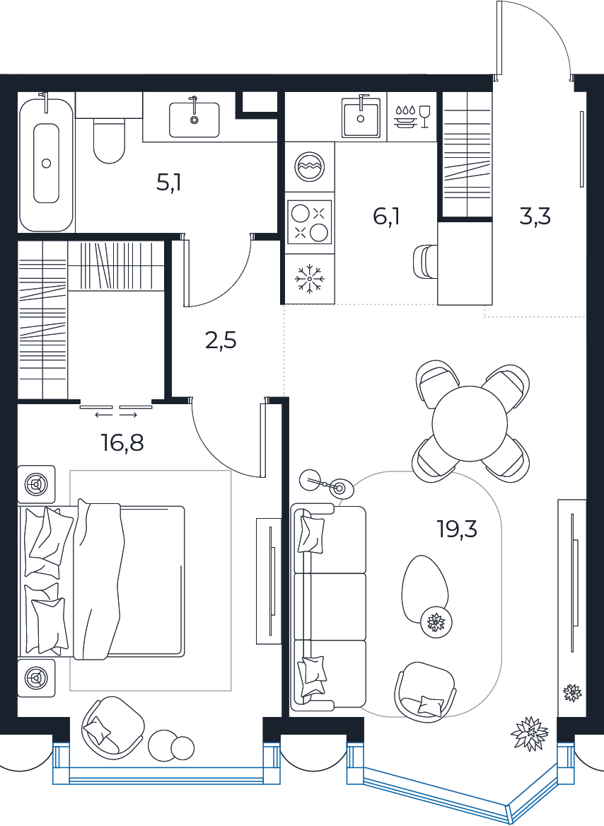 Планировка: 1-комнатная квартира, 53,1 м²