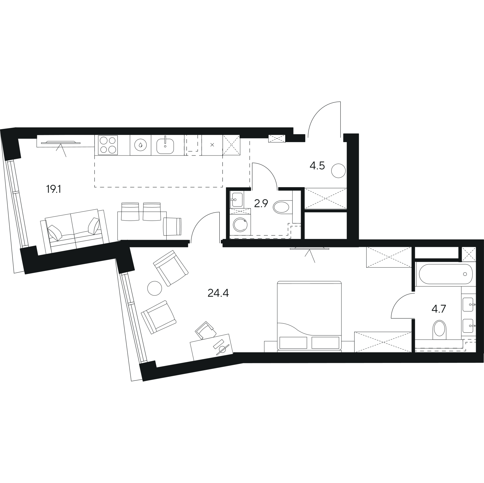 Планировка: 2-комнатная квартира, 55,6 м²
