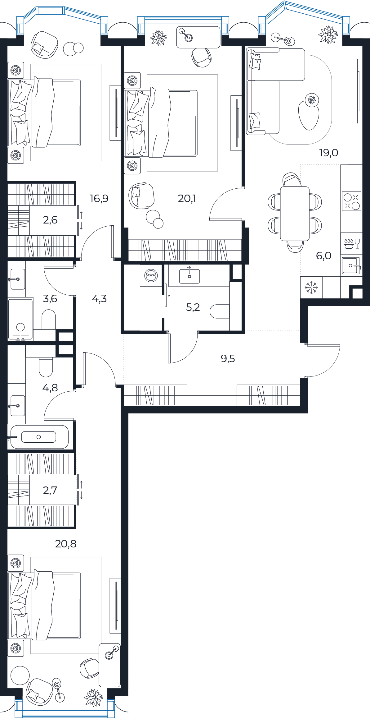 Планировка: 3-комнатная квартира, 115,5 м²