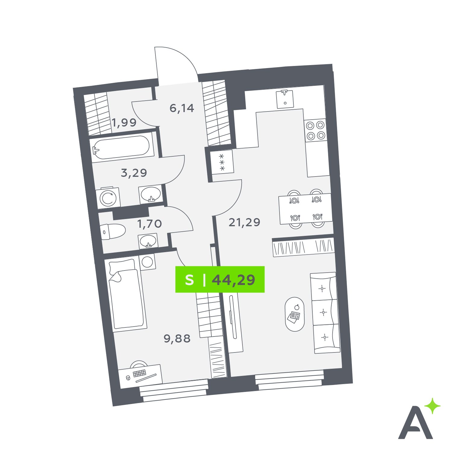 Планировка: 2-комнатная квартира, 44,3 м²