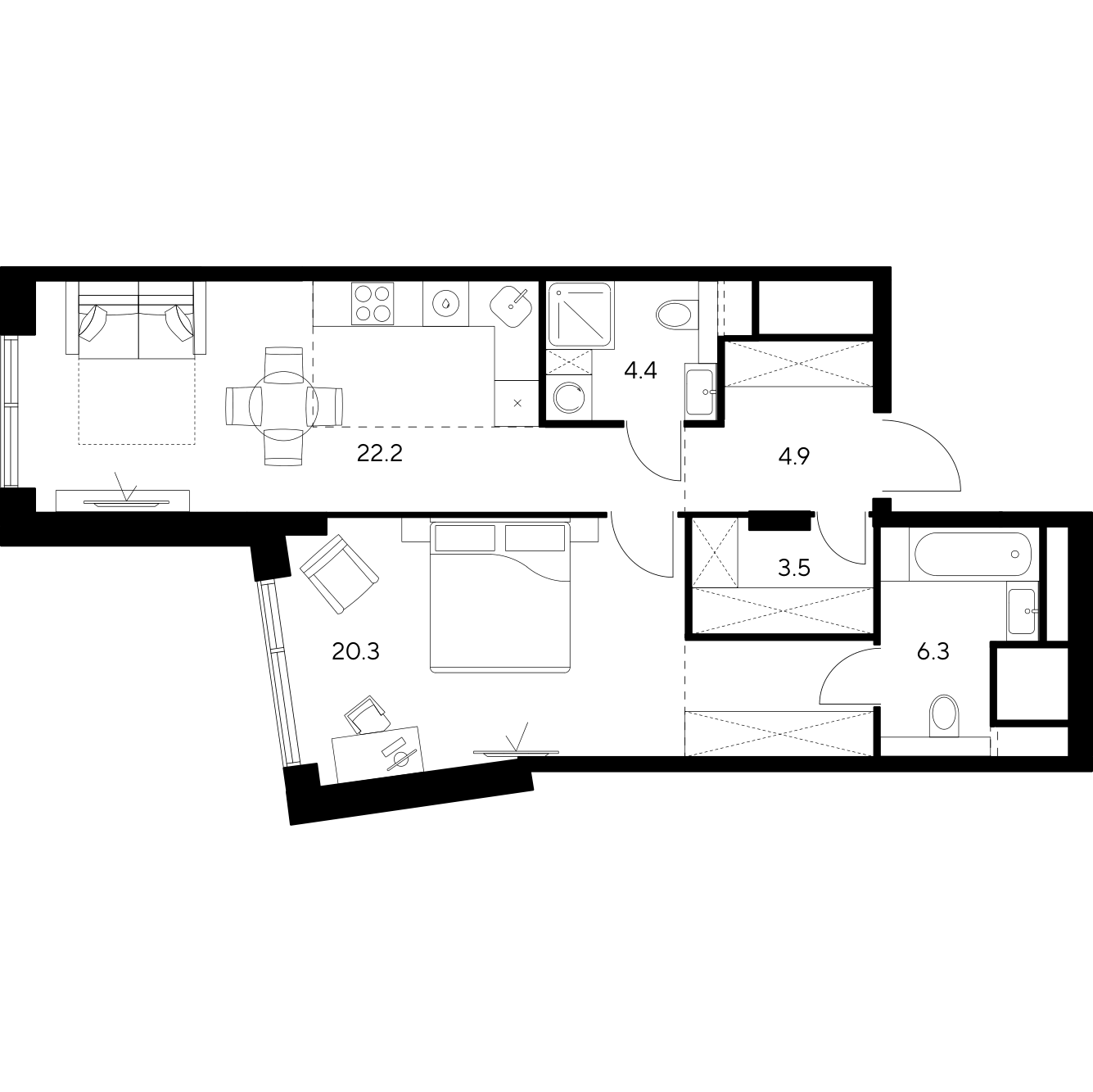 Планировка: 2-комнатная квартира, 61,6 м²