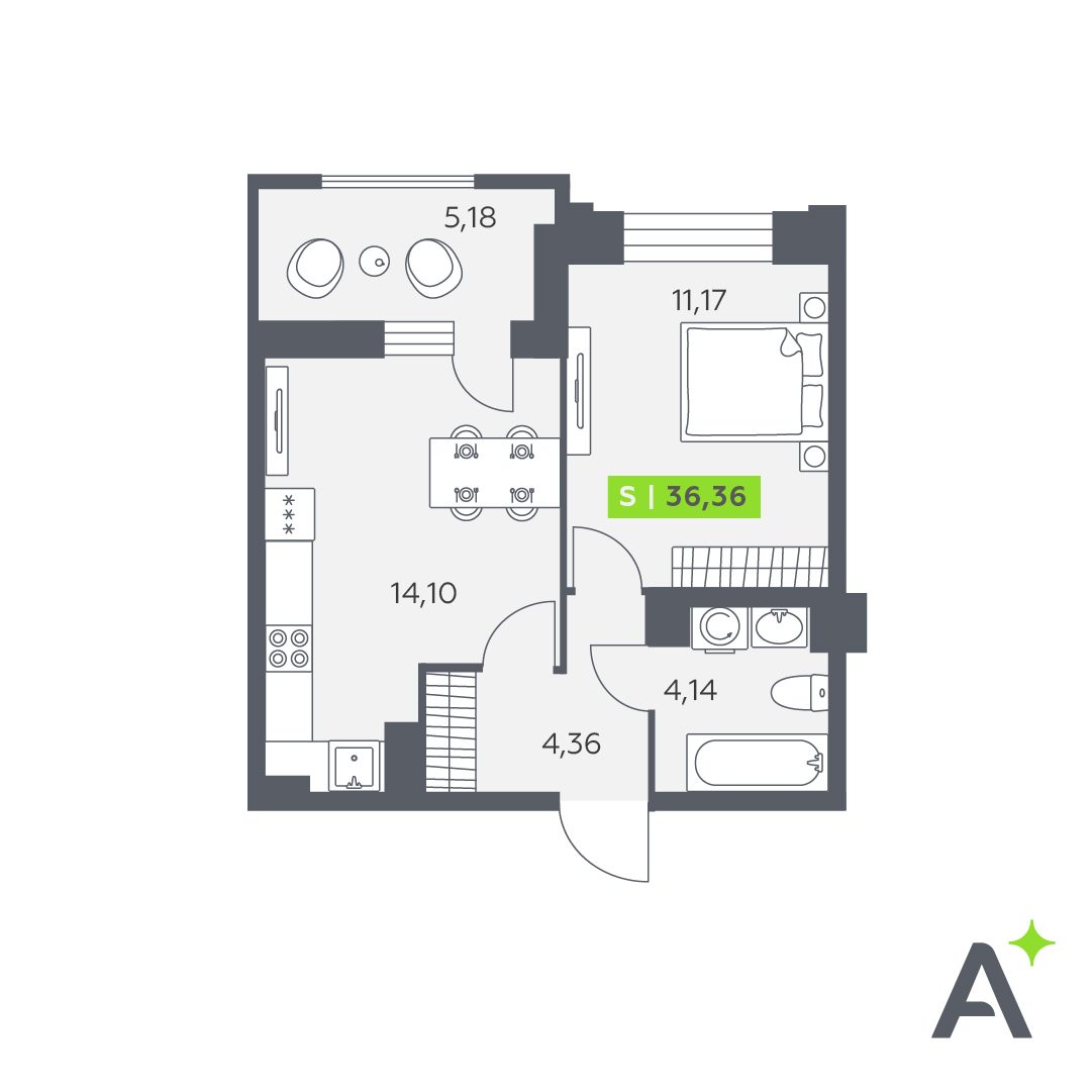 Планировка: 2-комнатная квартира, 36,4 м²