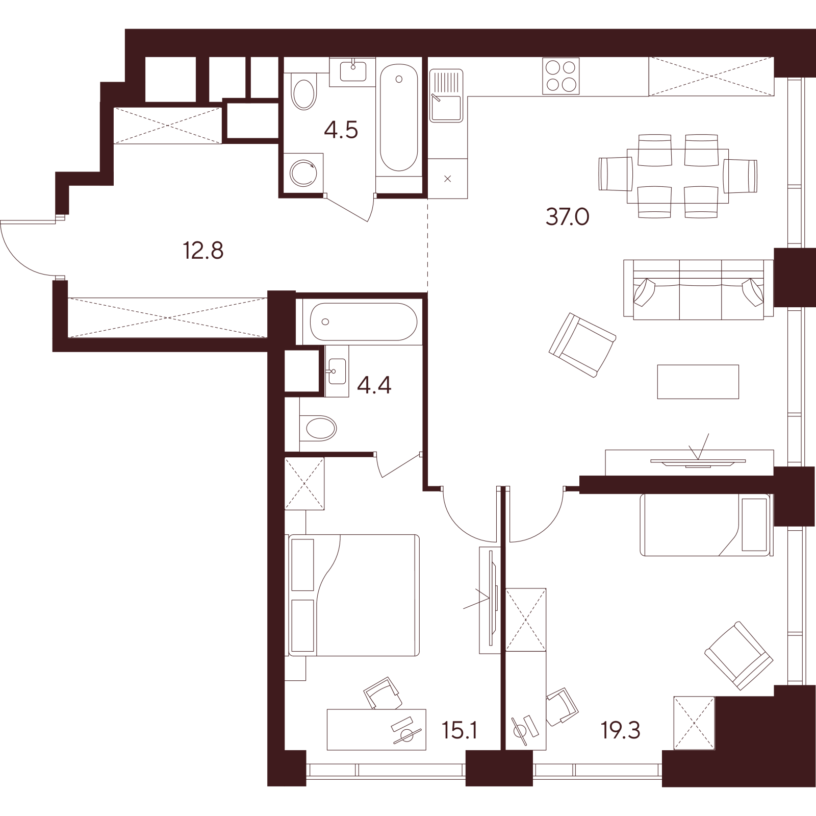 Планировка: 3-комнатная квартира, 93,1 м²