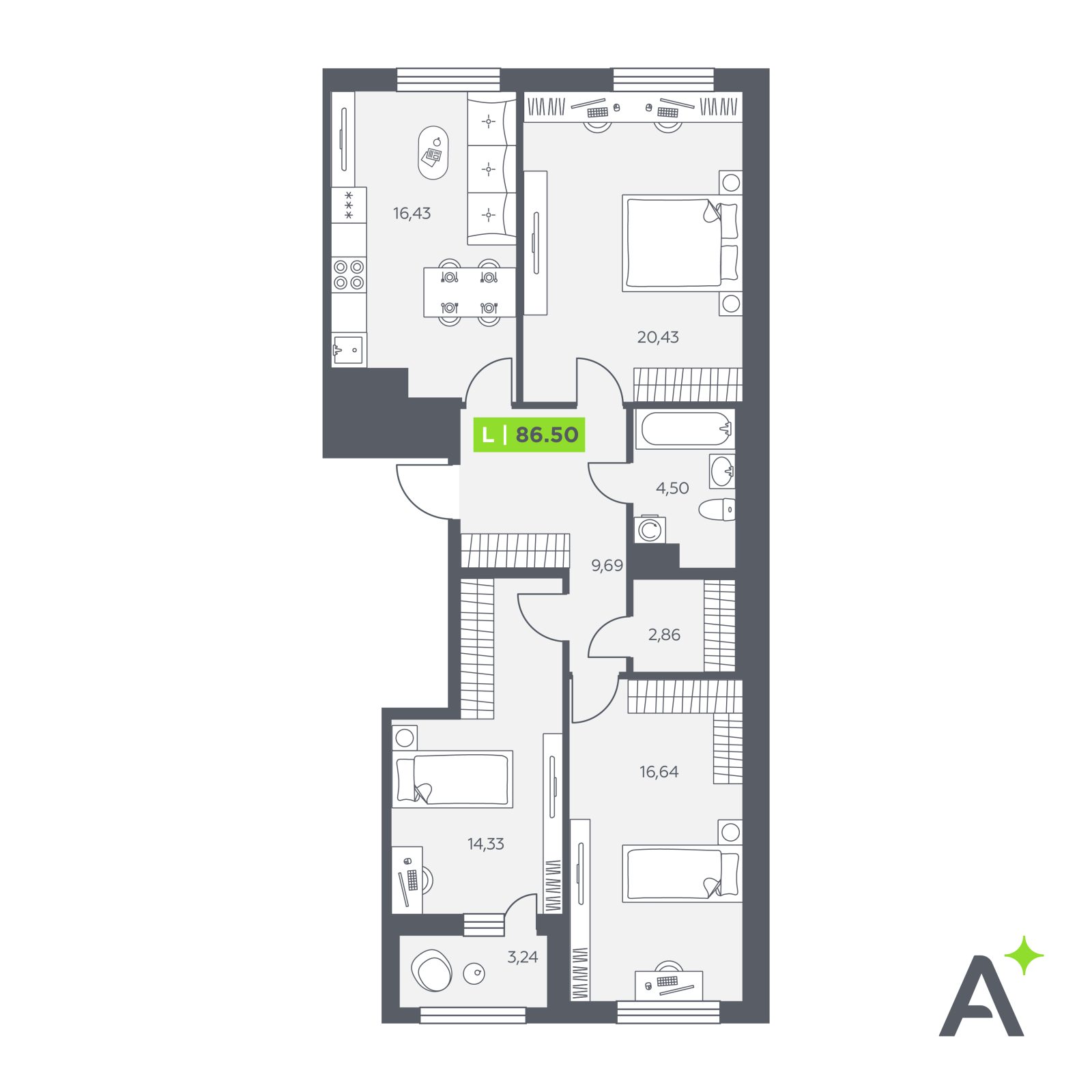 Планировка: 4-комнатная квартира, 86,5 м²