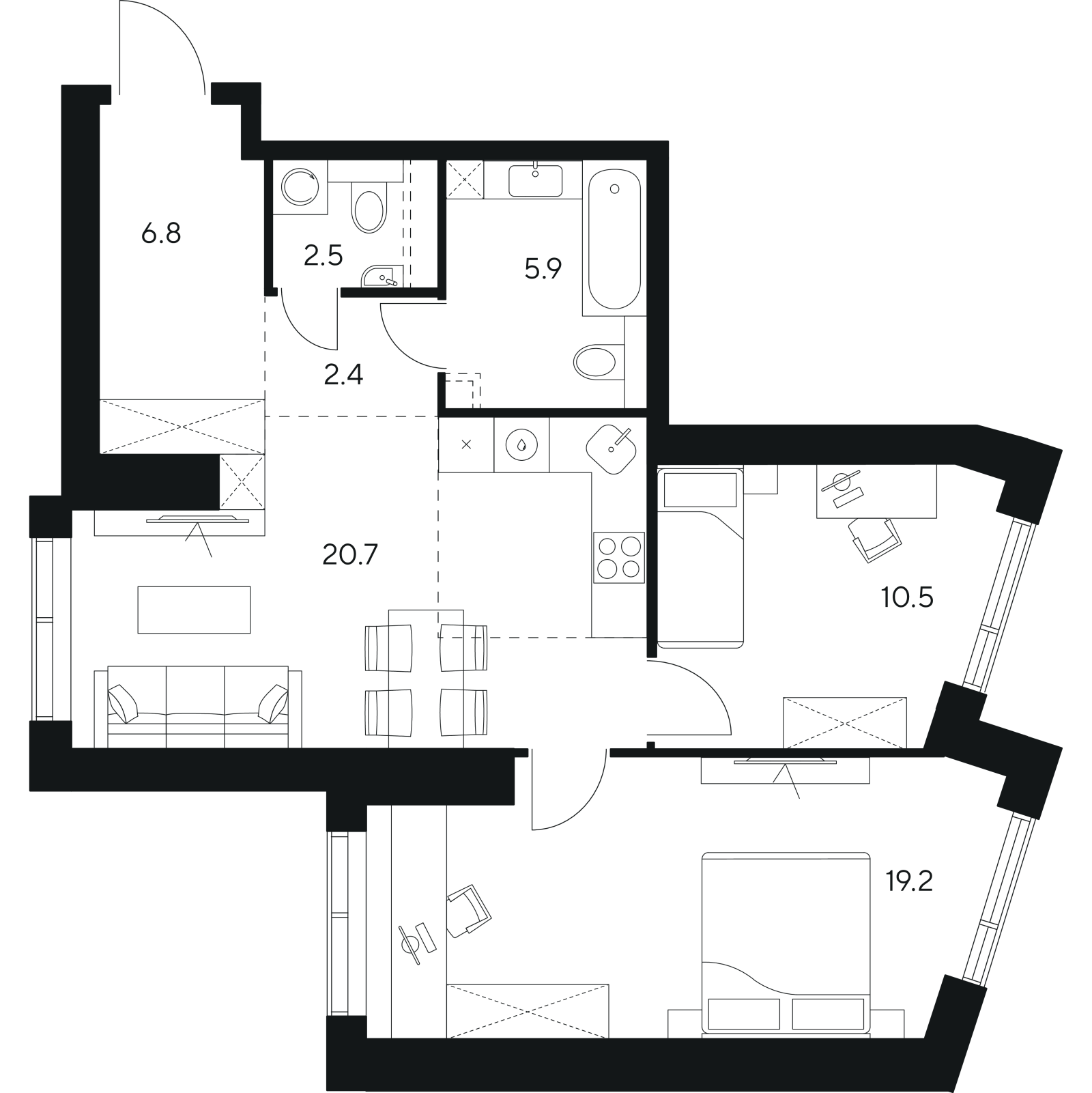Планировка: 3-комнатная квартира, 68,0 м²