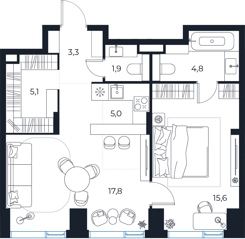 Планировка: 1-комнатная квартира, 53,5 м²