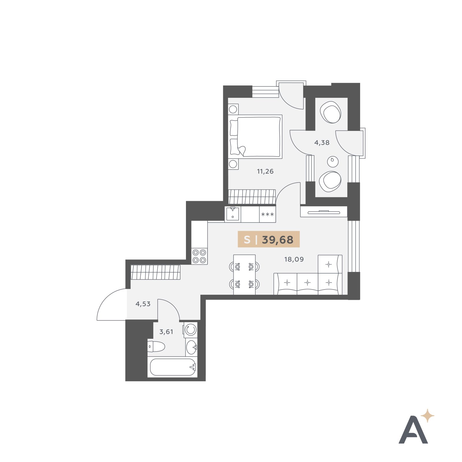 Планировка: 2-комнатная квартира, 39,7 м²
