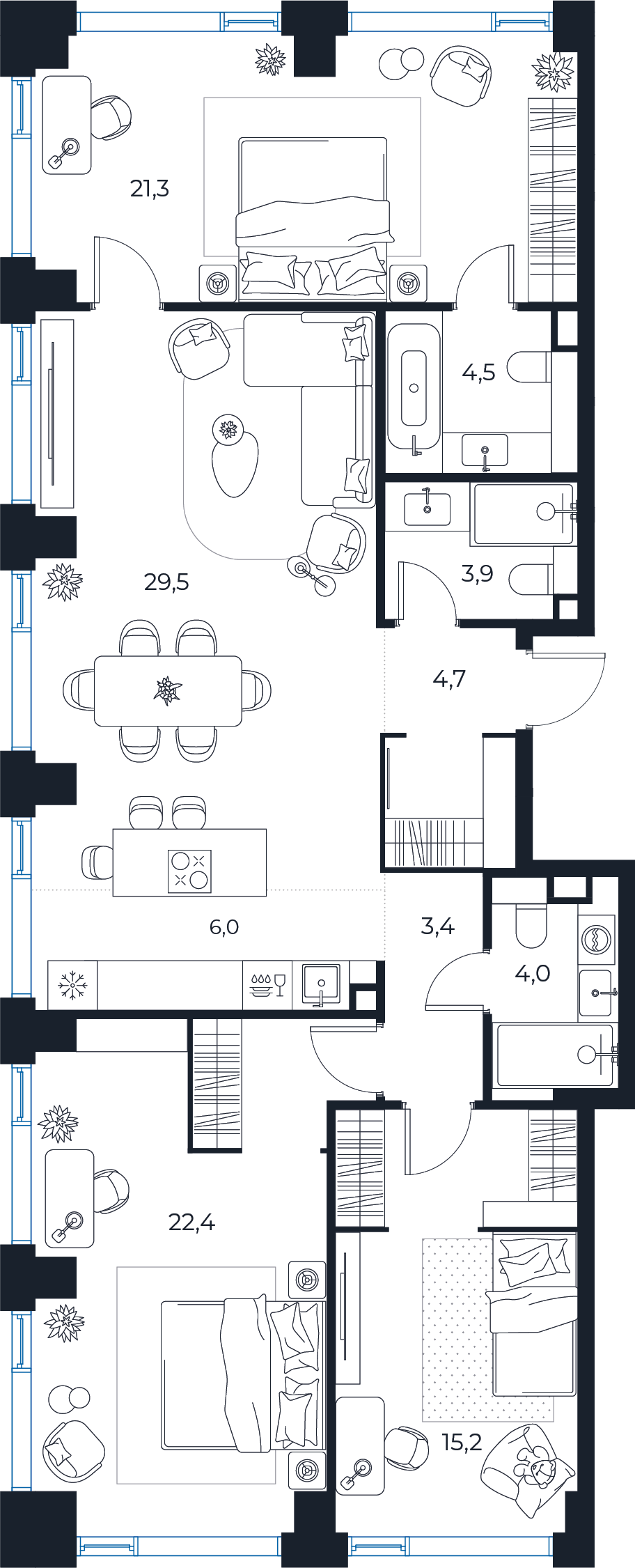 Планировка: 3-комнатная квартира, 114,9 м²