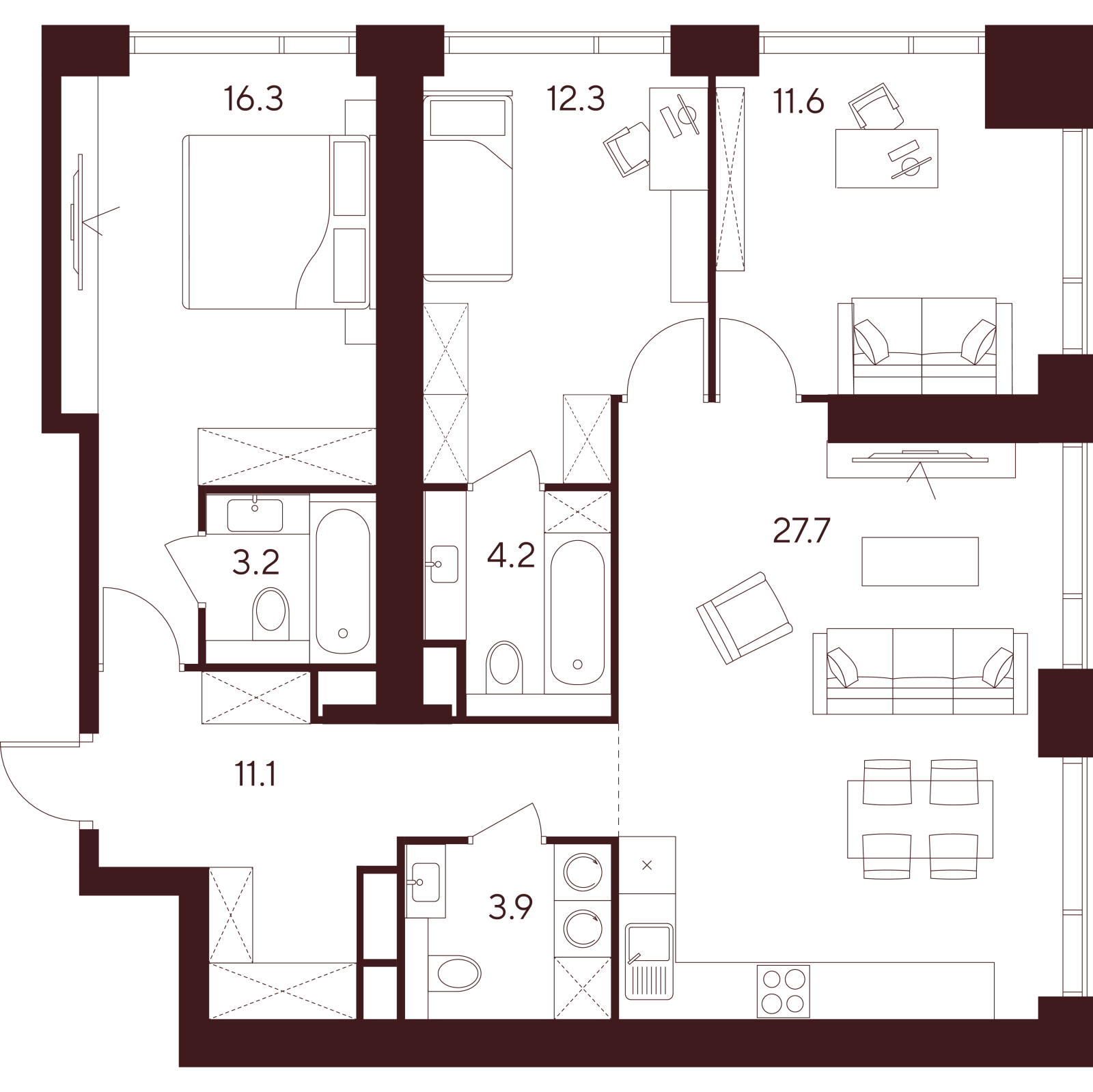 Планировка: 4-комнатная квартира, 90,3 м²